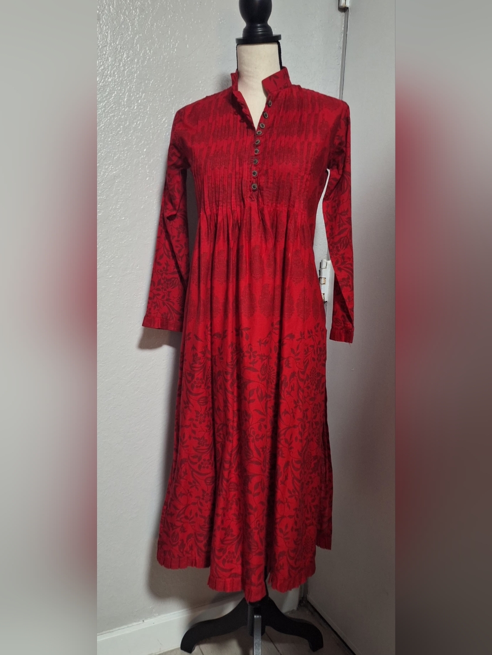 New Khaadi Pakistani Kurta Cotton Red Paisley Floral Side Slits Long Sleeve XS